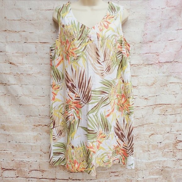 J. Jill Dresses & Skirts - J. Jill 100% Linen Tropical Dress Size Petite Medium V-Neck Sleeveless Tan